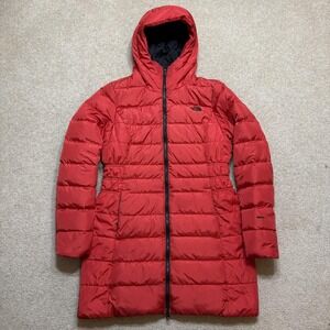 The North Face 550 Down Coat Womens Medium Red Quilted Hood Parka Jacket Winter